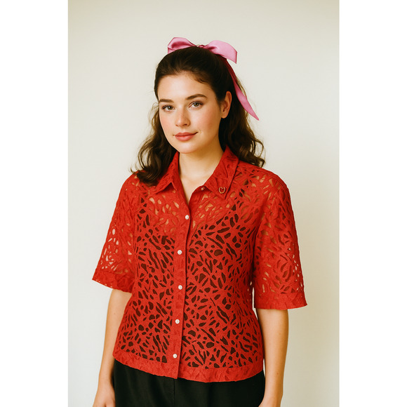 White Stag Shirt Women XL Red Sheer Romantic Coquette Vintage 90s Whimsical Vamp - Picture 1 of 6